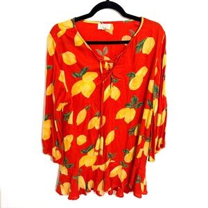 Mudpie Lemon Print Long Sleeve Tassel Blouse NWT